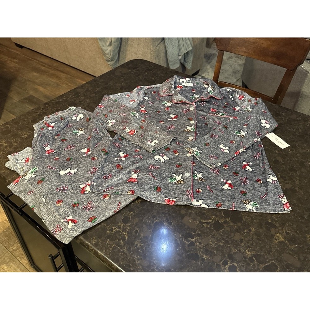 Laura Ashley Christmas Pajama Set Womens Large Gray Westie Dog Holiday 1342-37